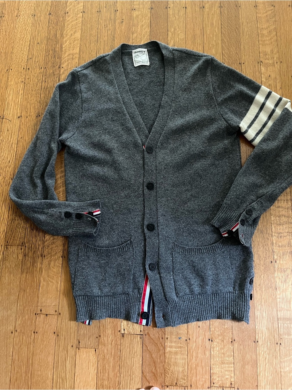Vintage Gray Men's V-Neck Button Cardigan with Sleeve Stripe